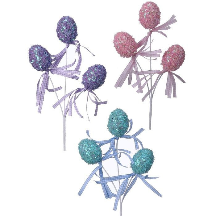 12" Sequin Glitter Egg Pick W/Bow 3/Ast