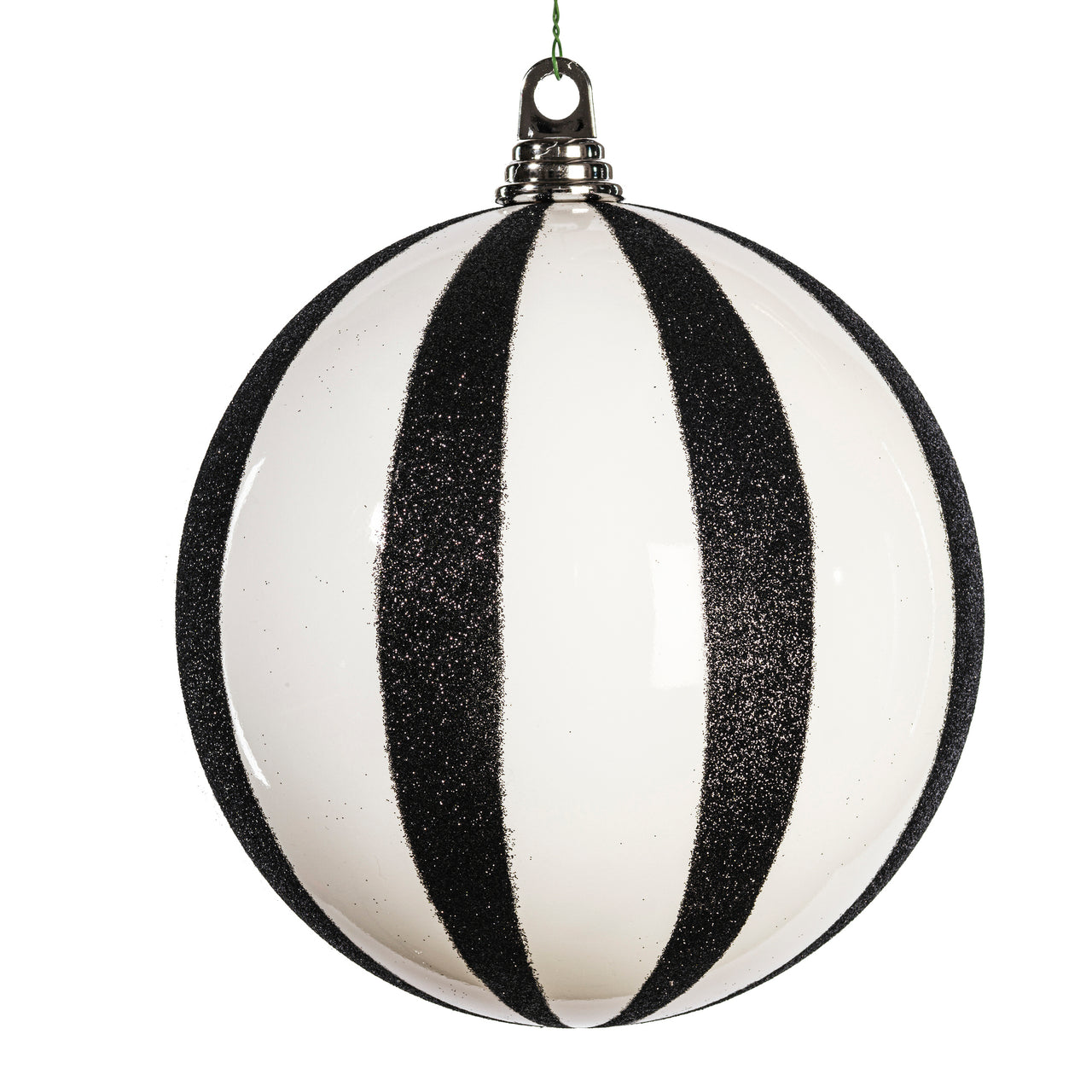8" White/Black Glitter Lines Ball Orname