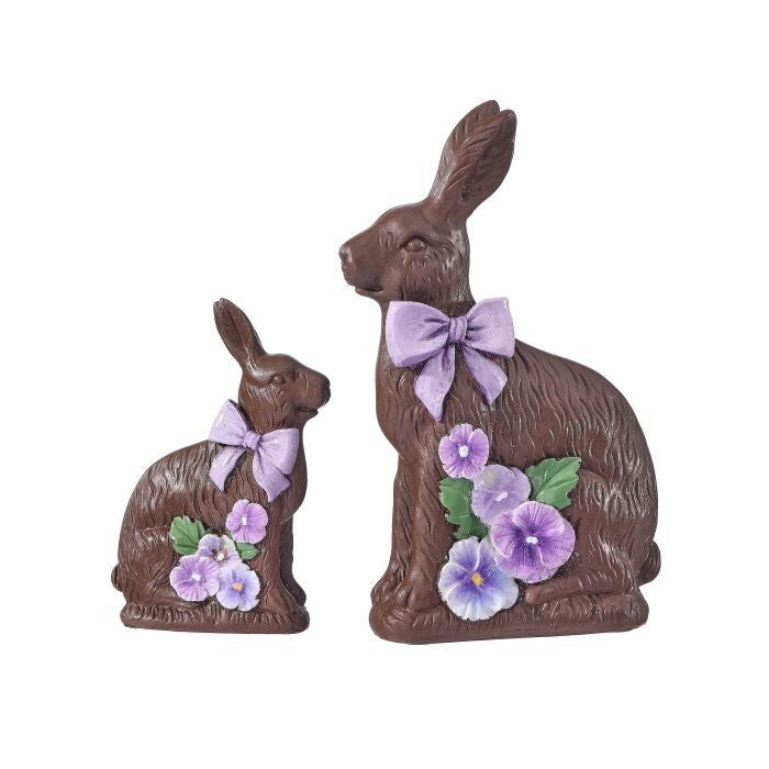 5-7.5" Resin Chocolate Bunny W/Pansy Set/2