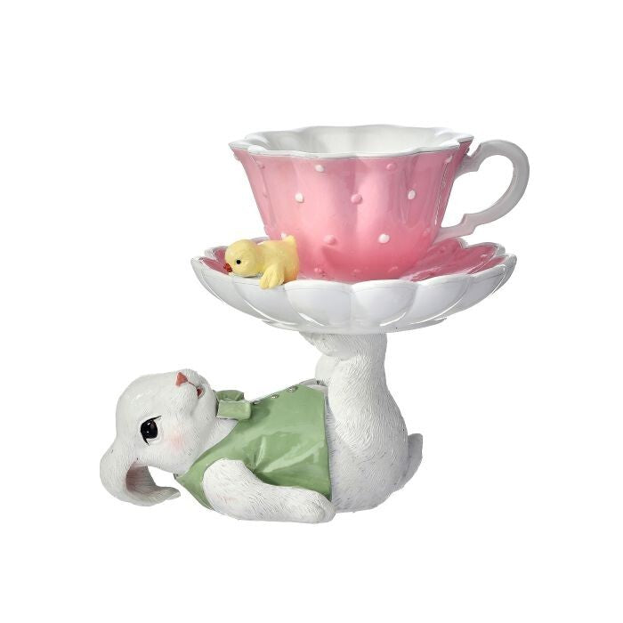 6.5" Resin Bunny W/Teacup