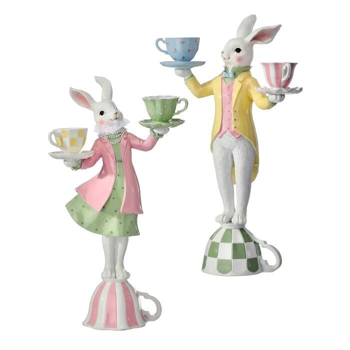 16" Resin Bunny W/Tea Cups 2/Ast