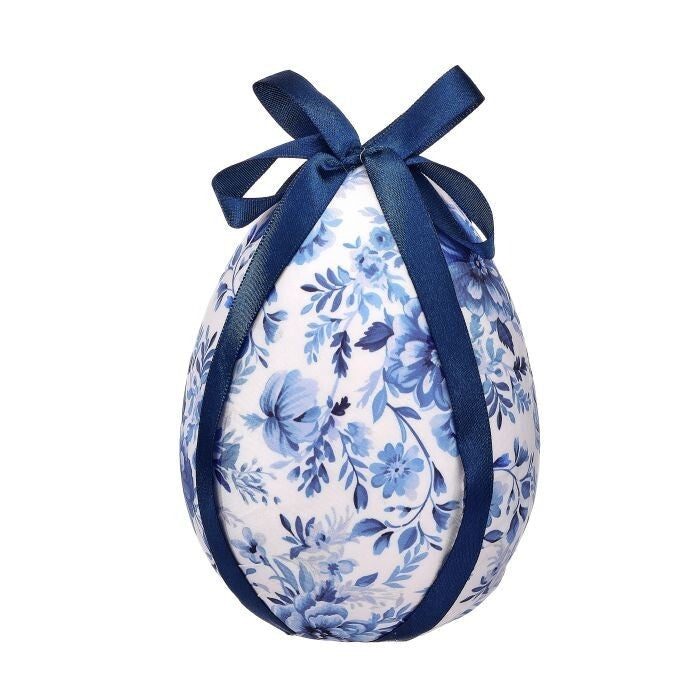 Fabric Toile Easter Egg W Bow 5.5"