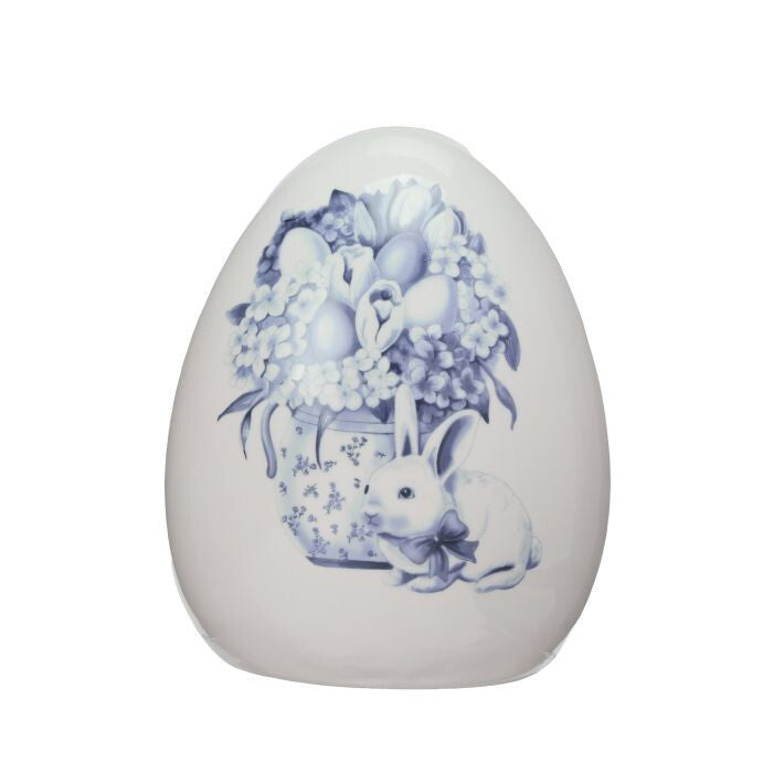 8" Ceramic Egg W/Blue Blossom Bunny