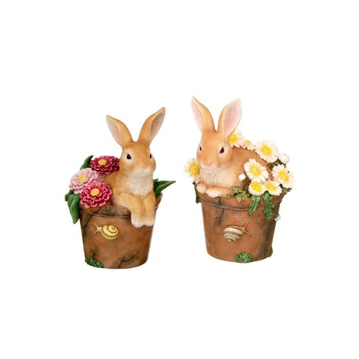 9-9.5" Resin Floral Bunny In Tcotta Pot 2/Ast