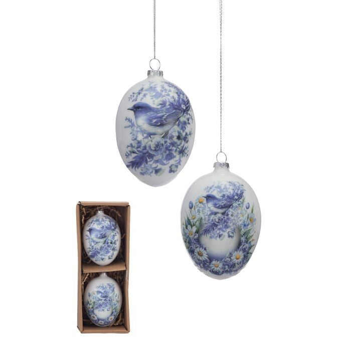 5" Gls Egg Ornament W/Blue Bird/Egg 2/Ast