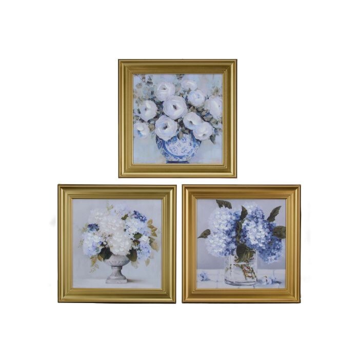 16X16" Gilded Framed Blue Floral Art 3/Ast