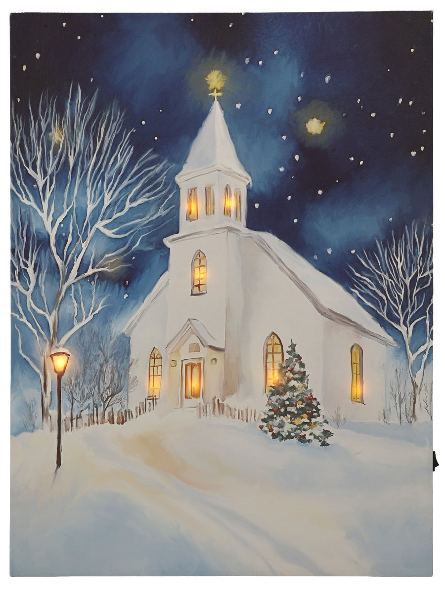 24X18"Led/Bty/Tmr Church On Hill Canvas