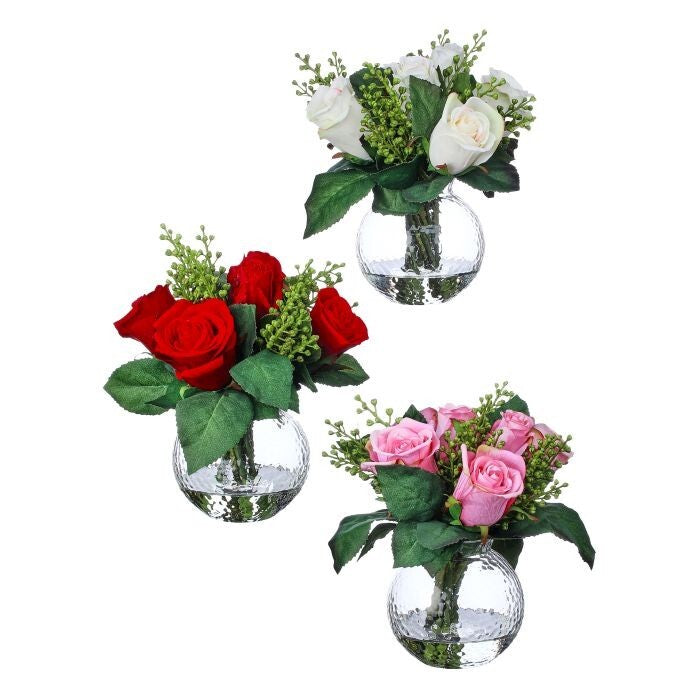 9" Rose W/Berry Glass Arrangement 3/Ast