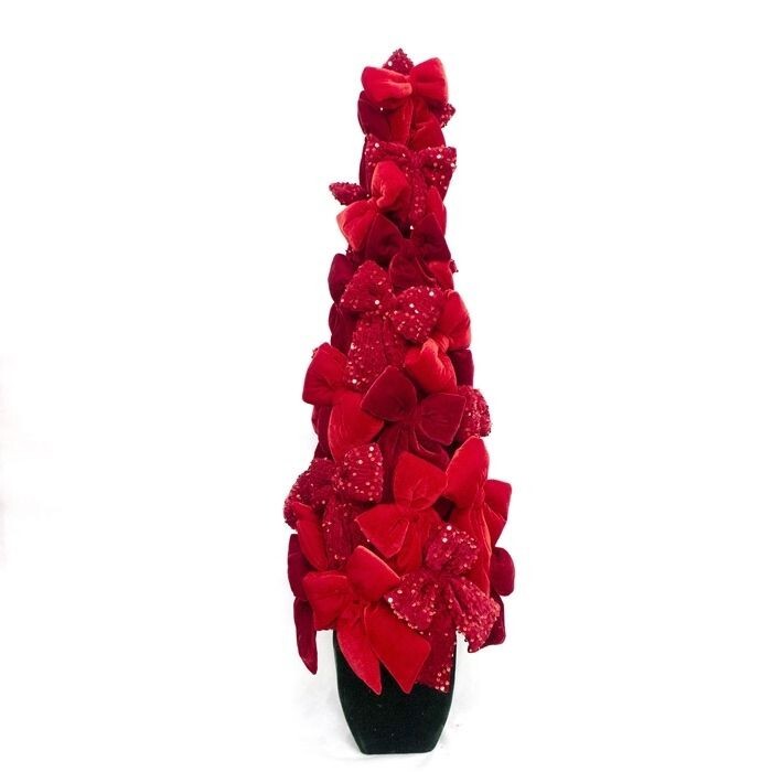 40" Vlvt/Sequin Bow Potted Cone Topiary