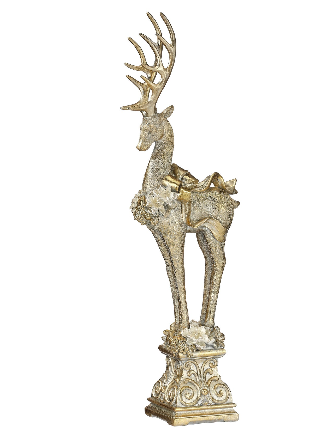 18" Resin Deer W/Magnolia Garland Pedestal