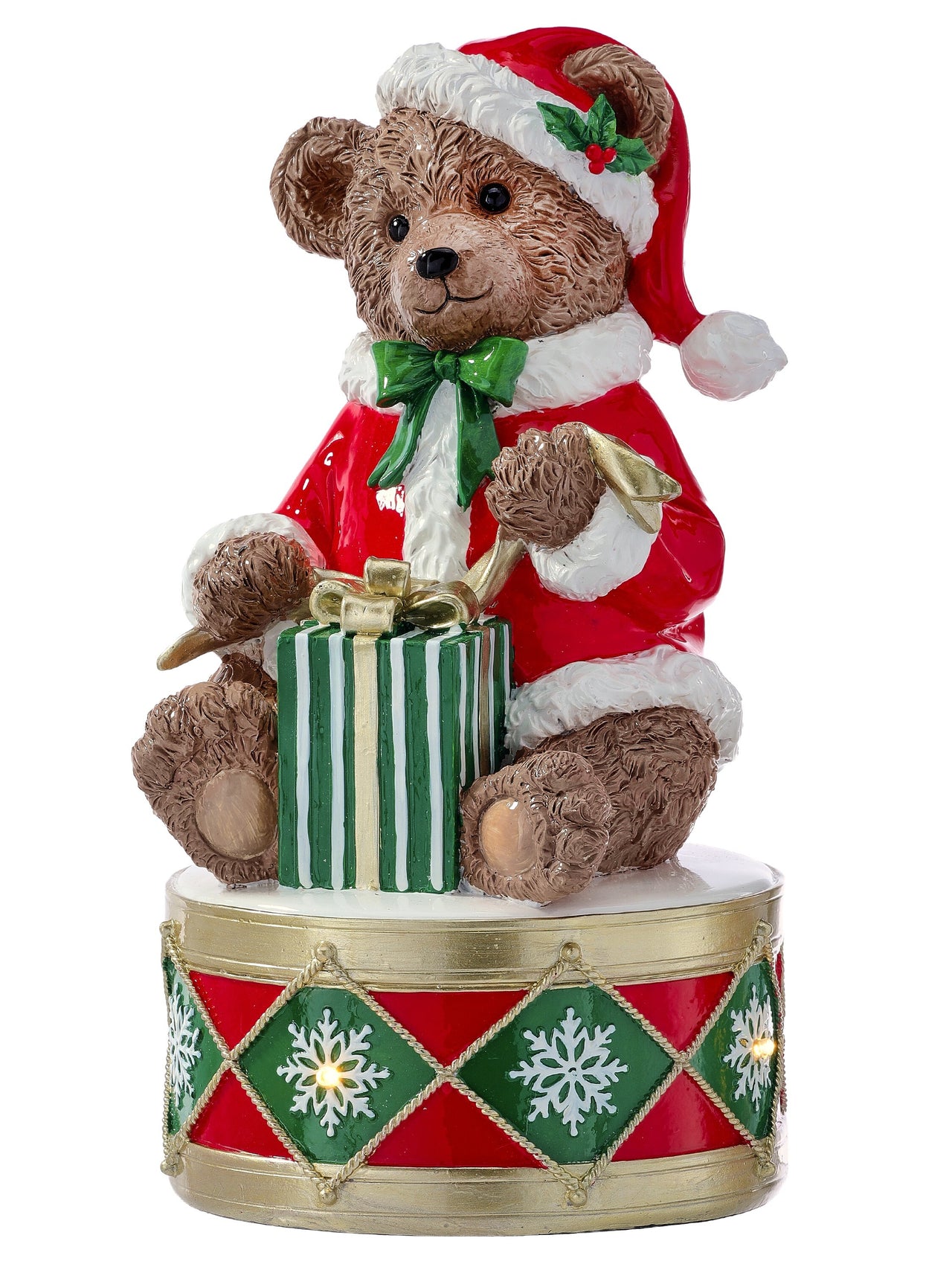 12" Resin Led/Bty/Tmr Bear On Drum