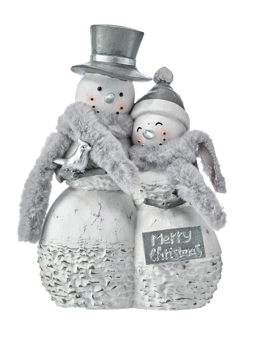 10" Resin Winter Snowman Couple W/Fur Scarf
