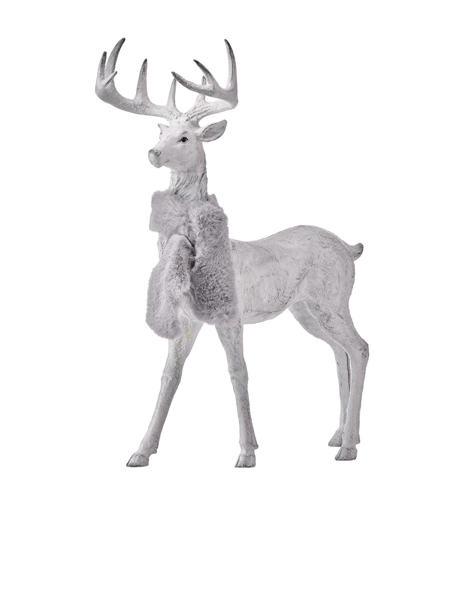 16" Resin Winter Deer W/Fur Scarf