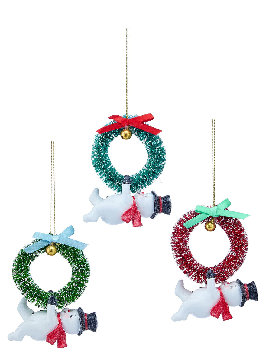 4.5"Rsn Snowman W/Wreath Ornament 3/Ast
