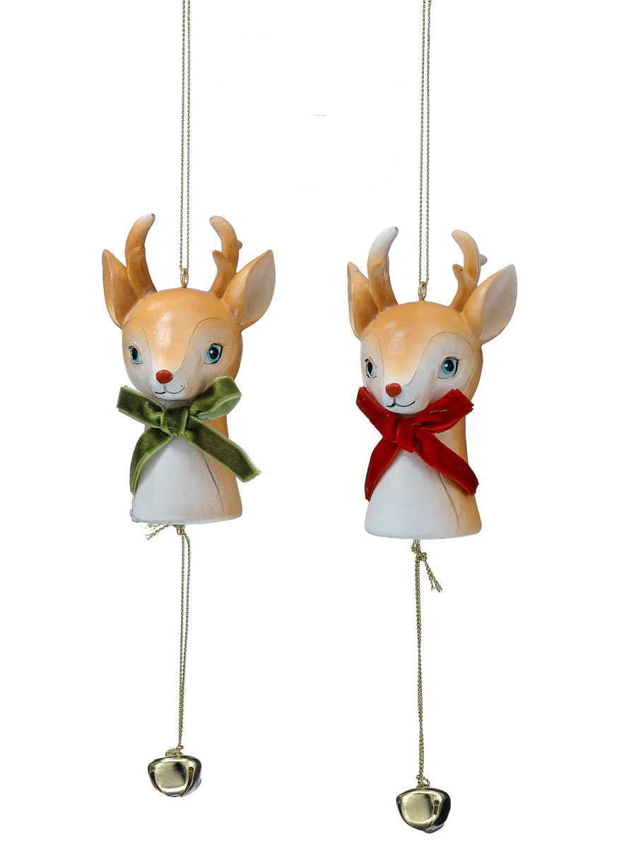 8" Rsn Retro Deer Head W/Bell Ornament 2/Ast