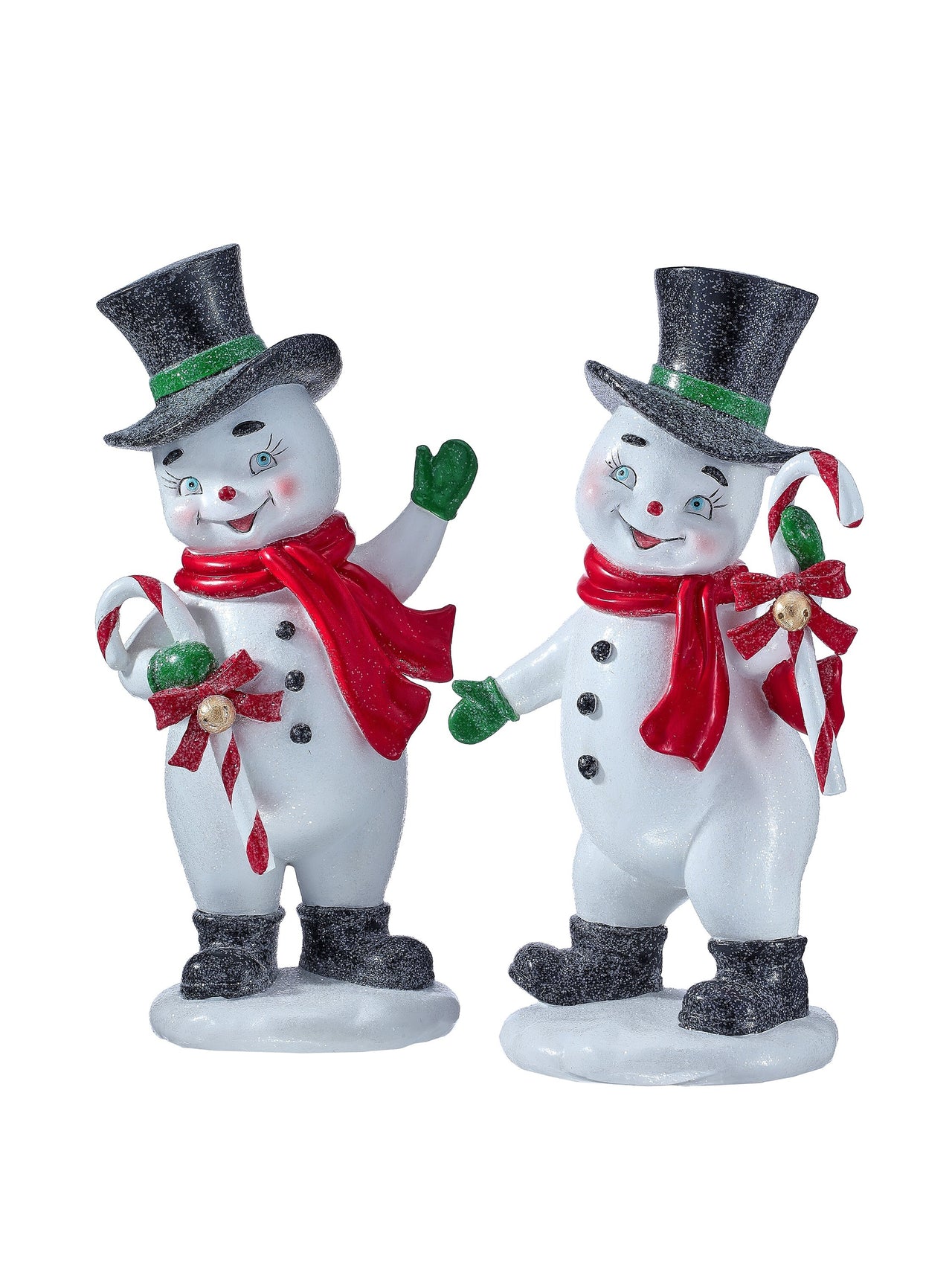 12" Resin Retro Snowmen W/Candy Cane 2/Ast
