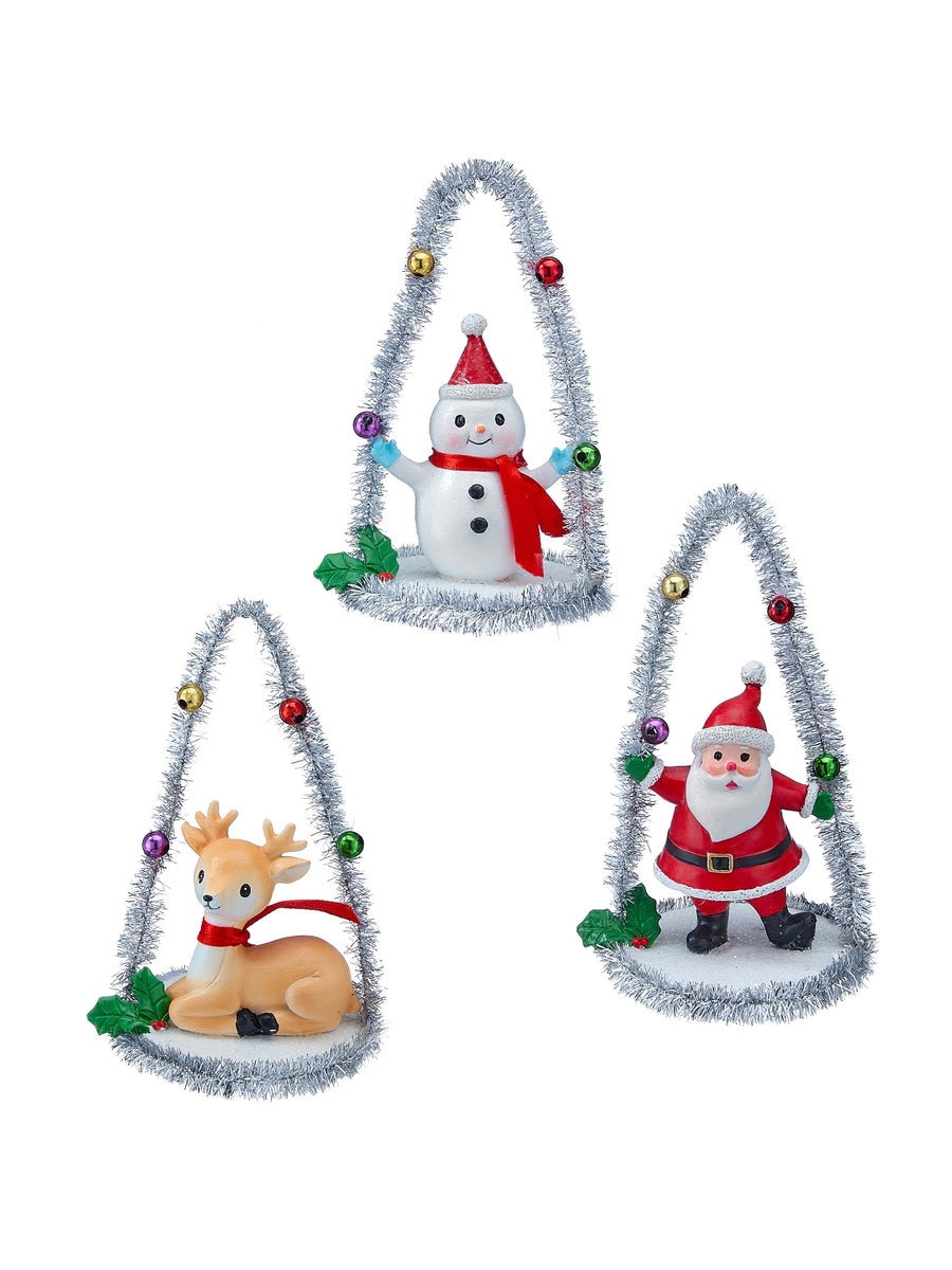 4.5"Rsn Tinsel Sman,Santa,Deer Ornament 3/Ast