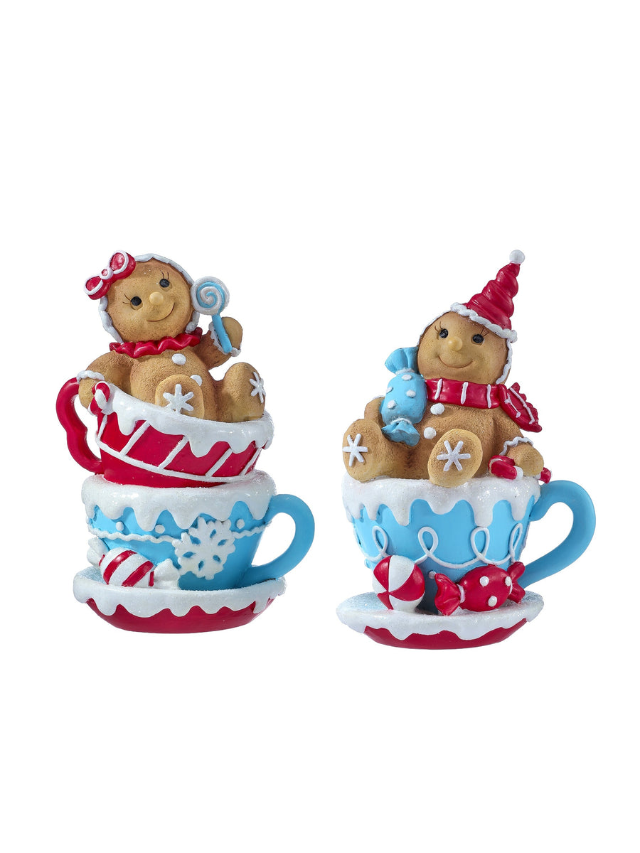 7"Resin Gingerbread In Tea Cups 2/Ast