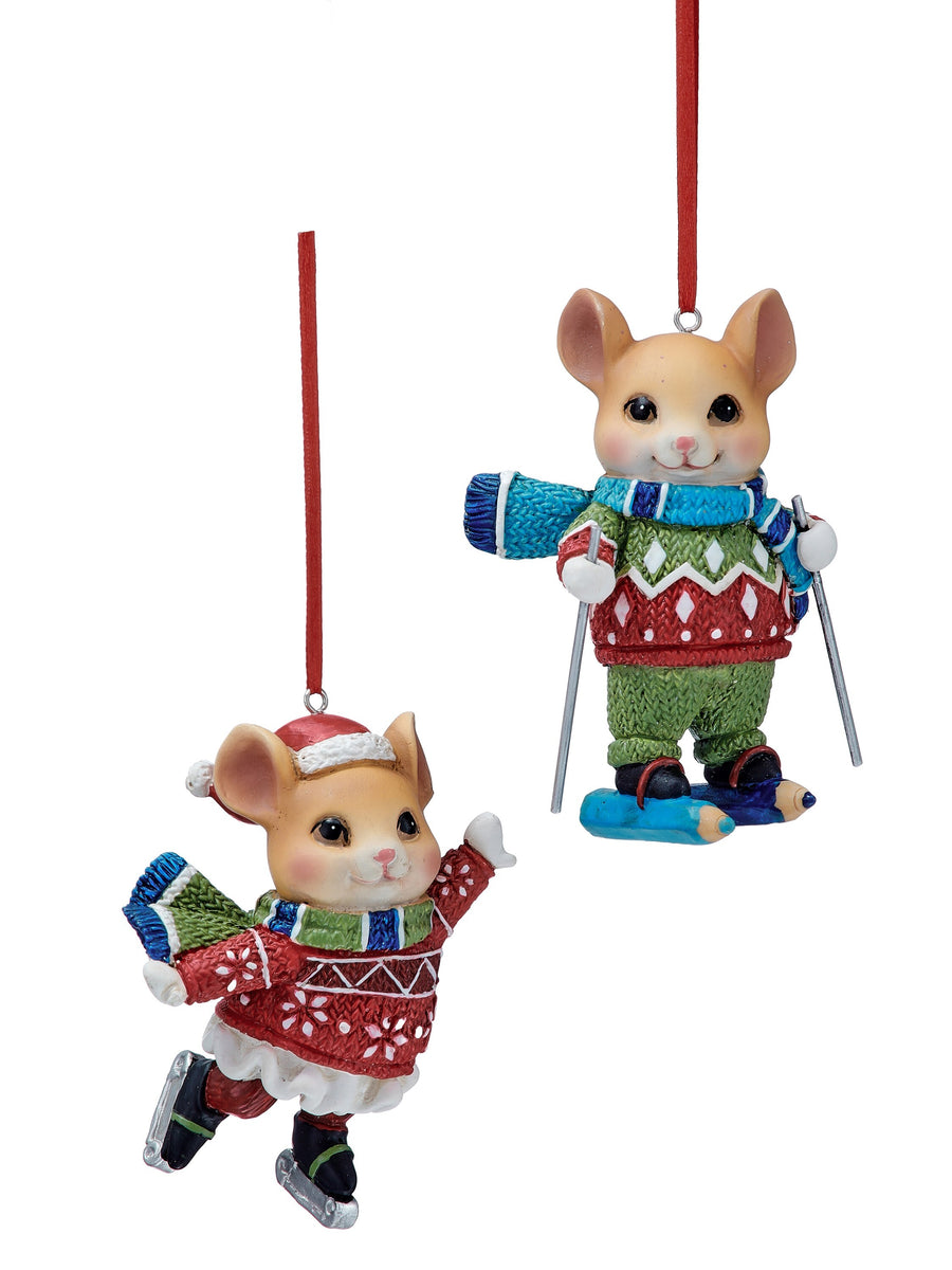 3.5" Rsn Winter Mice Ski/Skate Ornament 2/Ast