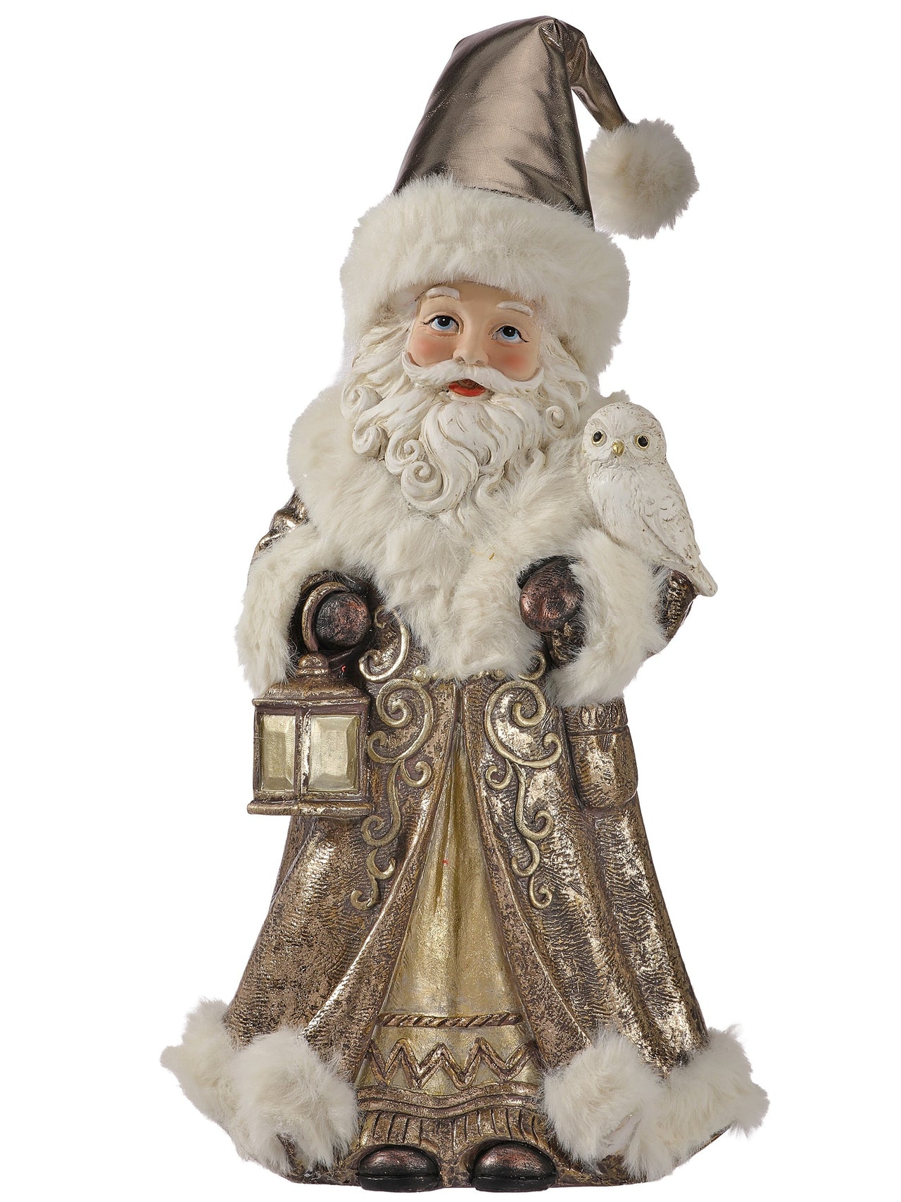13" Resin Santa W/Owl  And Fur Trim