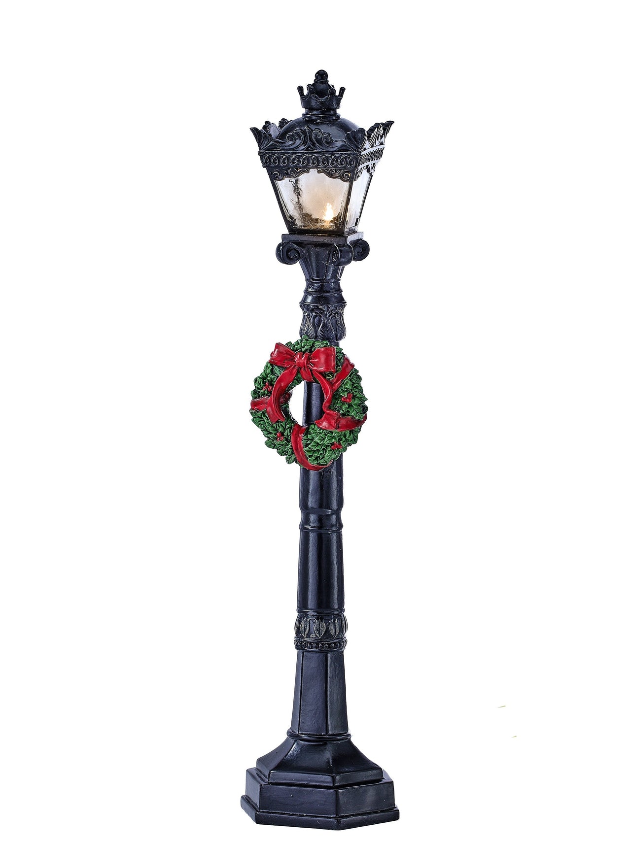 19" Rsn Led/Bty/Tmr Lamp Post W/Wreath
