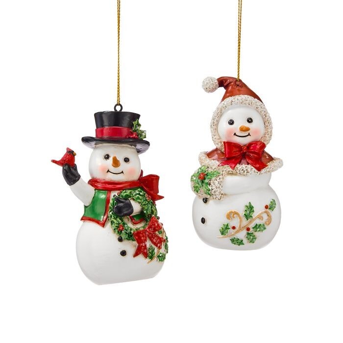 4.5" Rsn Snowmen W/Cardinal Ornament 2/Ast
