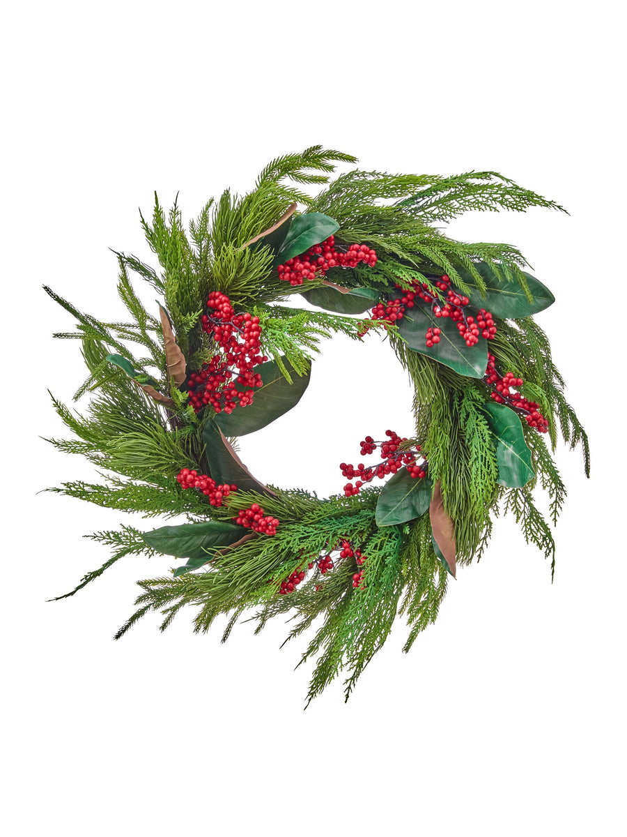 24" Real Touch Xmas Green/Berry/Mag Wreath