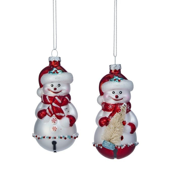 4" Glass Candy Snowmen On Bell Ornament 2/Ast