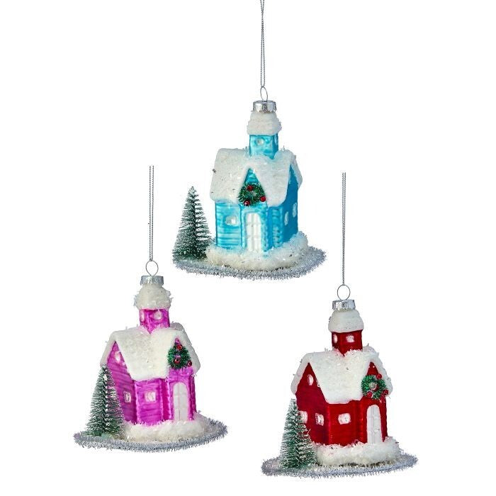 4" Gls Retro Village House Ornament 3/Ast