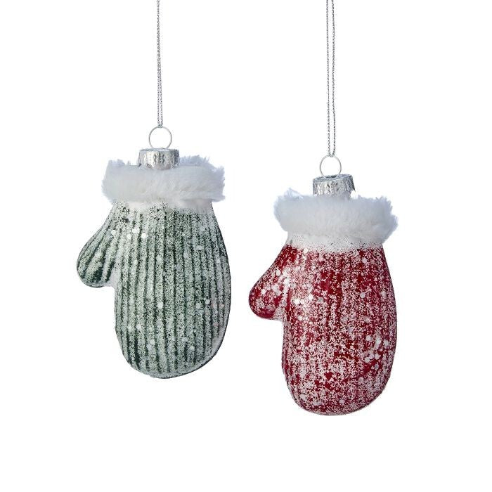 4" Glass Sugared Mitten Ornament 2/Ast