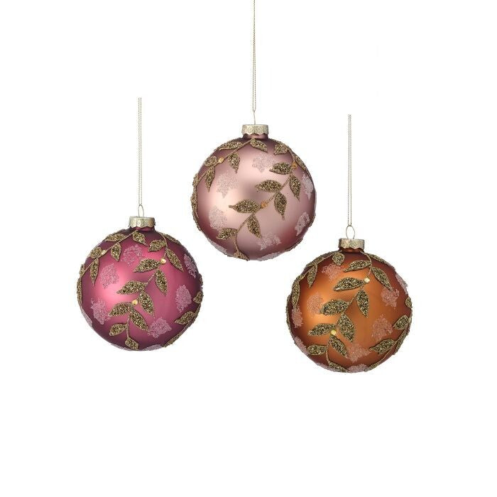 4" Gls Smilax Beaded Ball Ornament 3/Ast