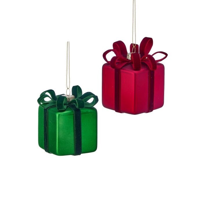 3" Glass Matte Velvet Package Ornament 2/Ast