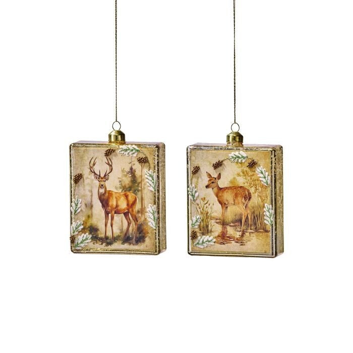 4.5" Glass Deer Square Ornament 2/Ast