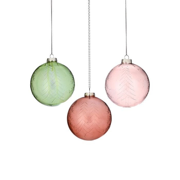 4" Glass Tree Pattern Ball Ornament 3/Ast