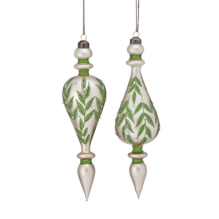 9.5" Glass Leaf Pattern Finial Ornament 2/Ast