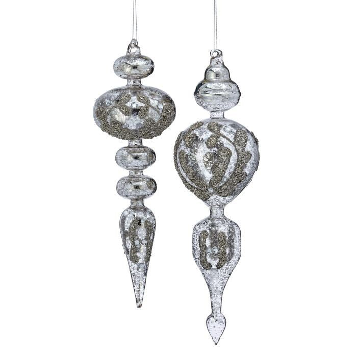 12-13" Mcury Gls Beaded Finial Ornament 2/Ast