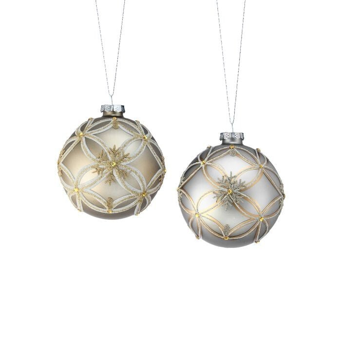 4" Matte Glass Snowflake Ball Ornament 2/Ast