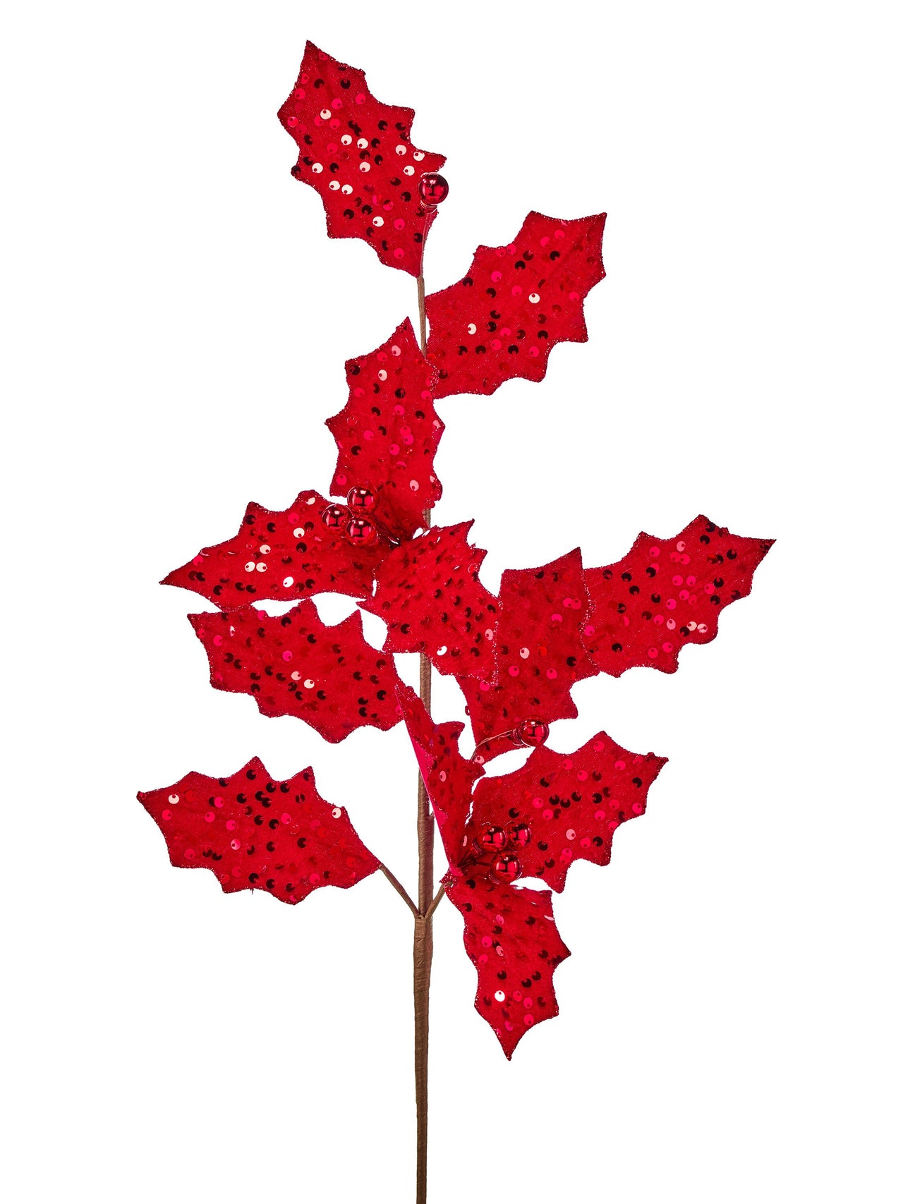 27" Velvet Sequin Holly Spray