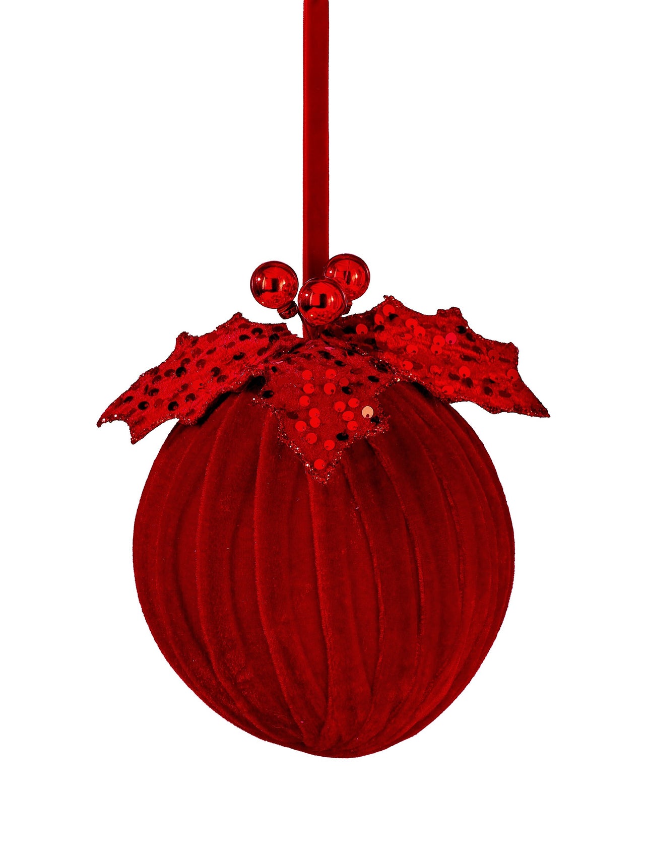 6" Velvet Sequin Velvet Ball W/Holly Ornament