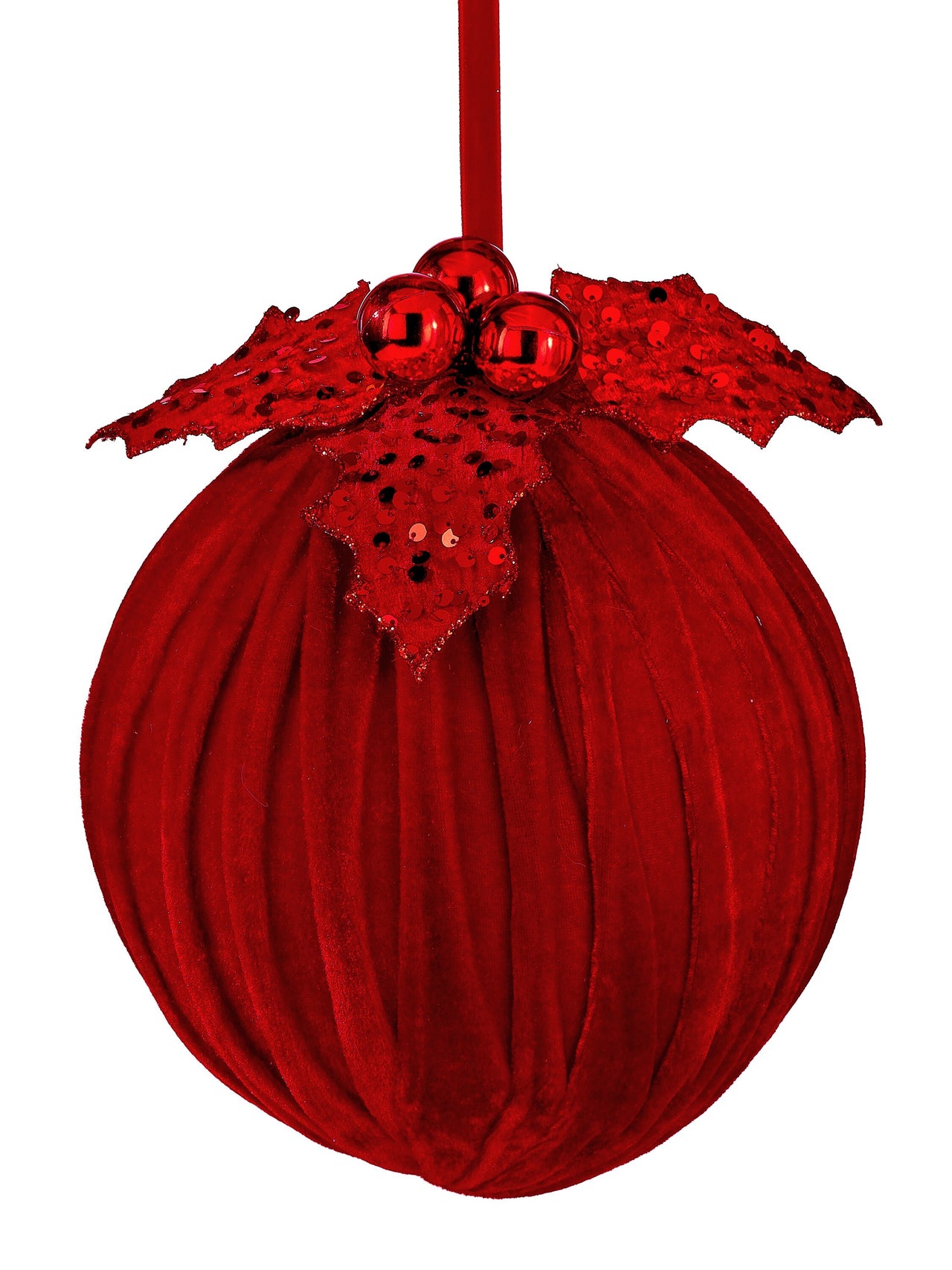 8" Velvet Sequin Velvet Ball W/Holly Ornament