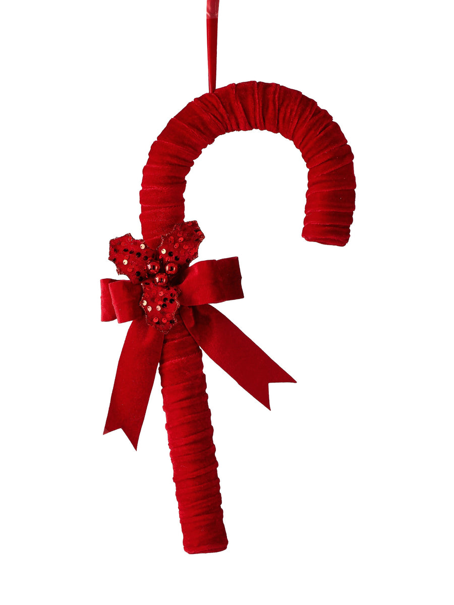 18" Velvet Candy Cane W/Bow/Holly