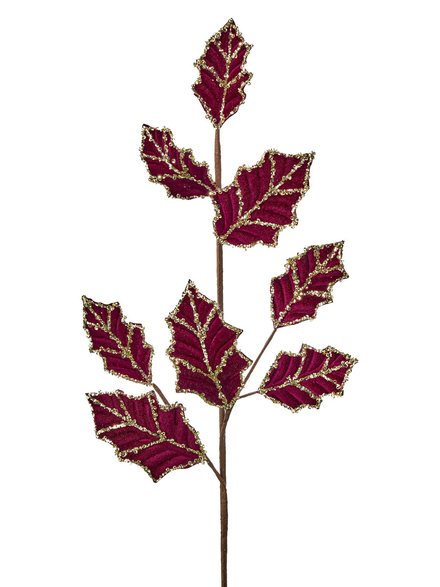 25" Velvet W/Glitter Holly Leaf Spray