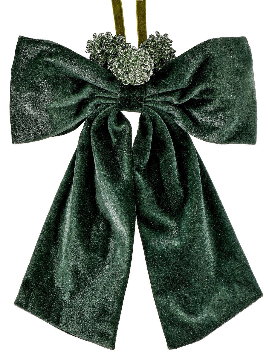 14" Velvet Bow W/Leaf/Cone
