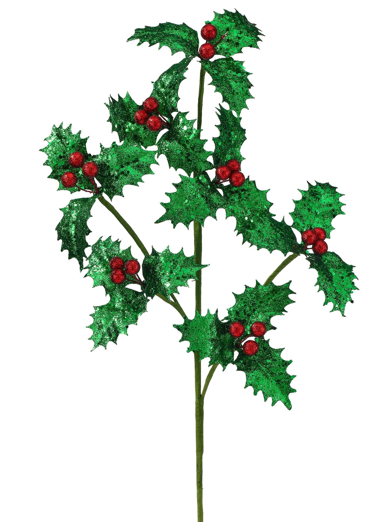 27" Metallic Glitter Holly Spray