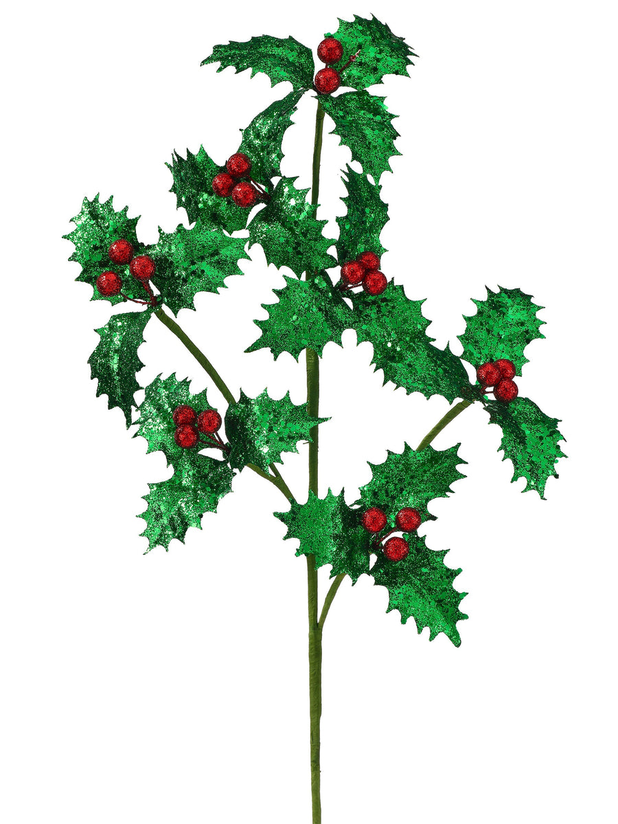 27" Metallic Glitter Holly Spray