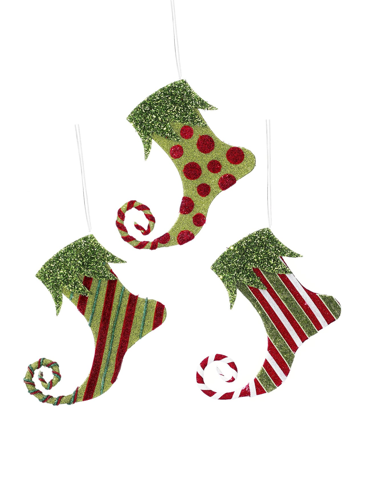 8" Glitter Metallic Elf Boot Ornament 3/Ast