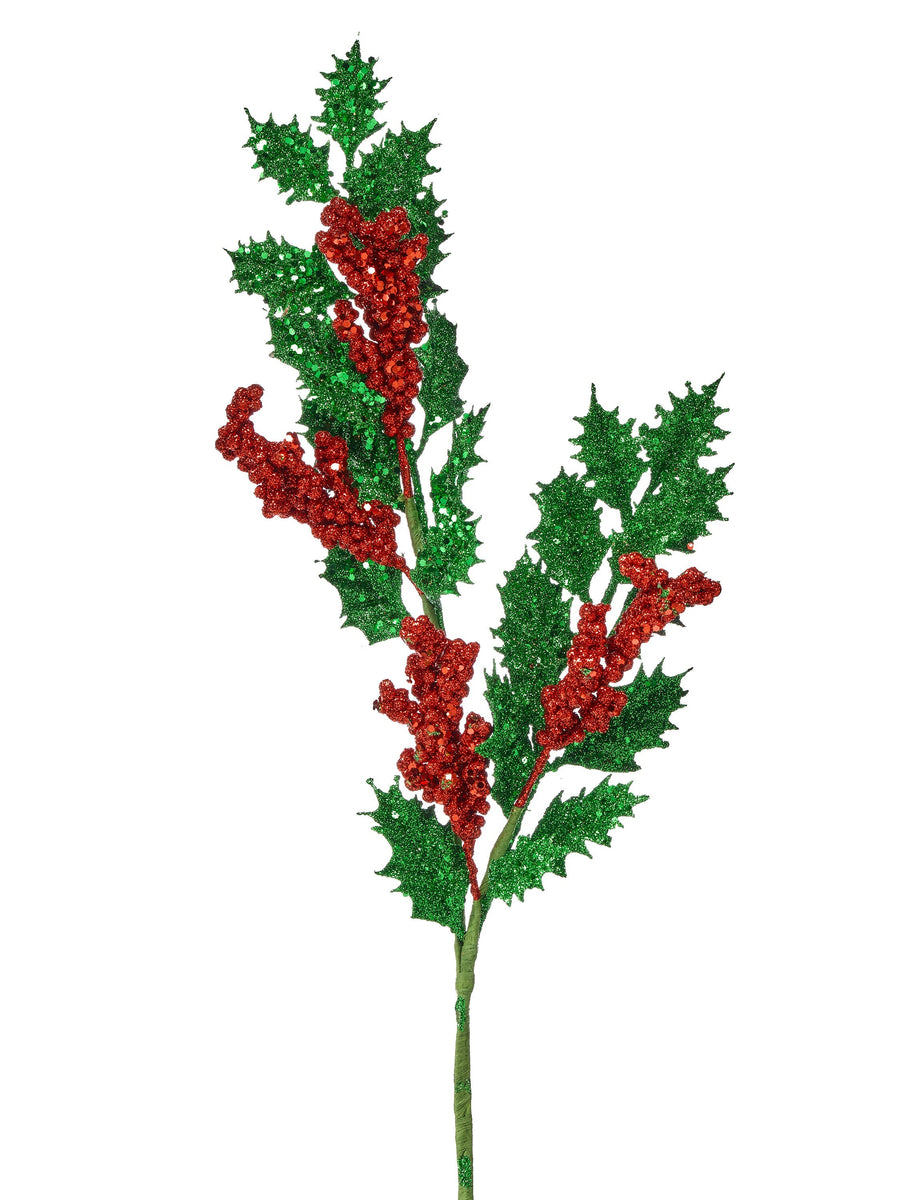 28" Glitter Holly Berry Spray