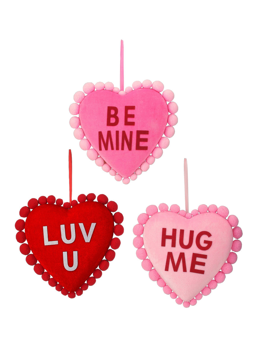 11" Velvet Conversation Pompom Heart 3/Ast