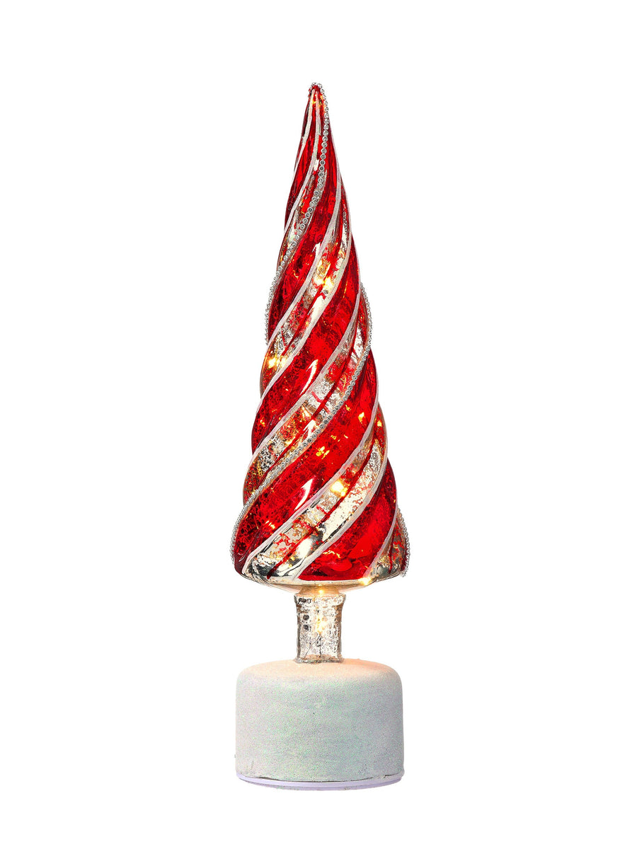 15" Led/Bty/Tmr Glass Peppermint Tree