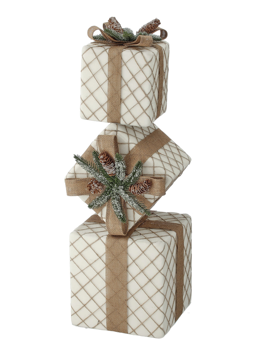 26"H Snow Giftbox Triple Stack W/Burlap Bow
